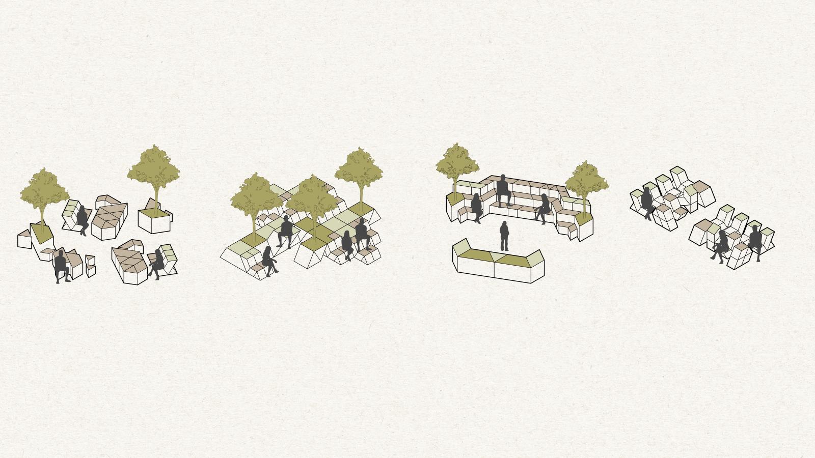 Illustrated sequence showing modular park or seating structures in various configurations. People interact with the modules, which include seating with backrests, small tables, and trees integrated into the design. The scene suggests versatility in use and arrangement, ideal for lobbies or other living spaces.