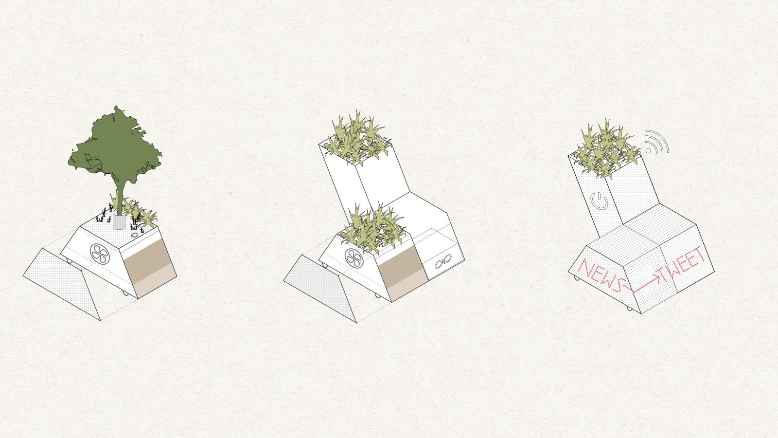 A series of three minimalist illustrations depicting a geometric, multi-tiered structure. The first tier has a tree and people, the second has grass, and the third has a shaped plant. The third image includes symbols for breathing lobbies like phone, Wi-Fi, news, and tweet.