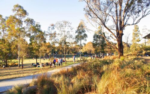 A park scene on a sunny day, featuring people engaged in various activities. Several groups are gathered near the playground, and children can be seen playing. The park has tall trees, a grassy area, a path, and a covered structure on the right. The overall atmosphere is lively and pleasant.