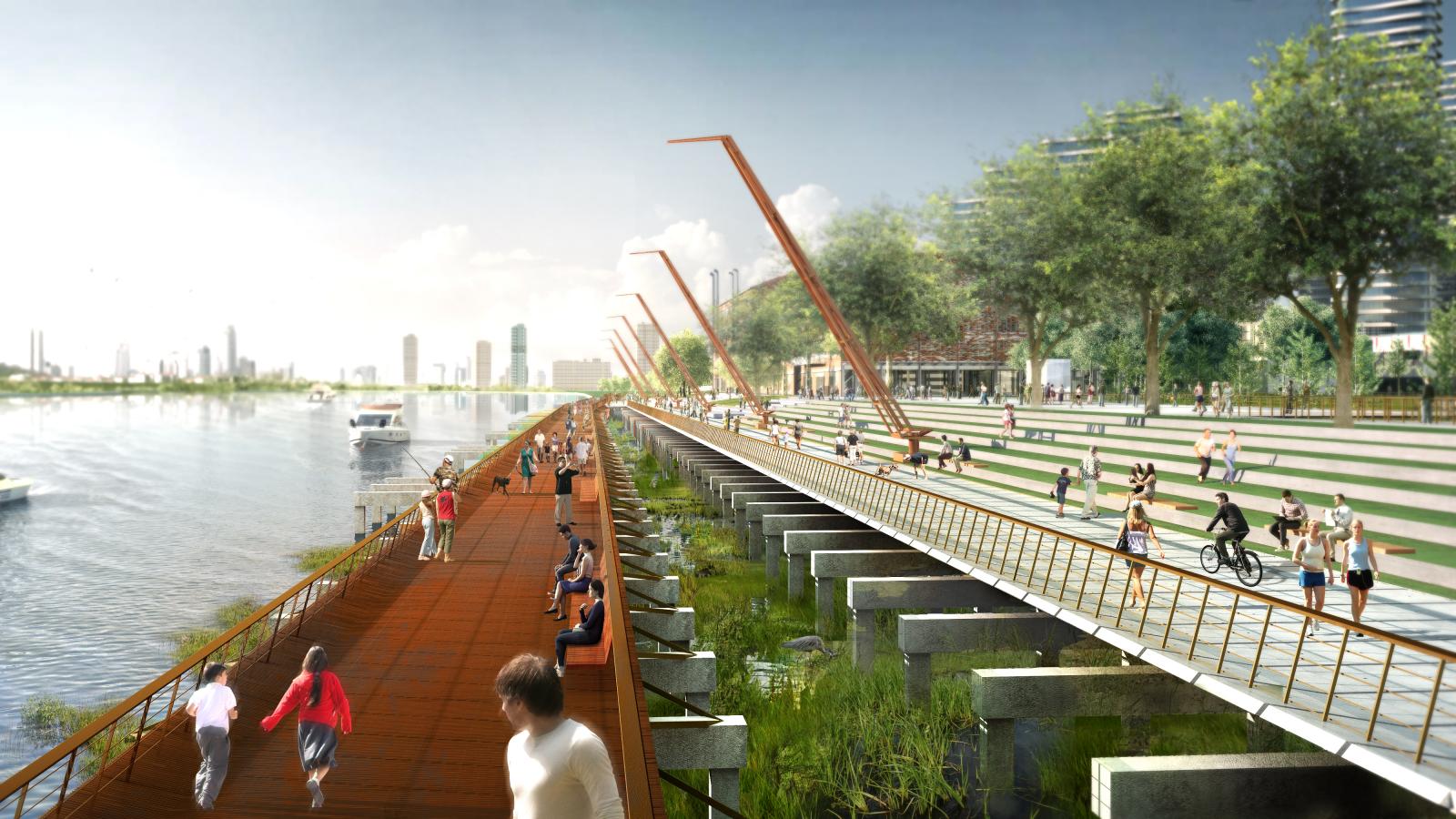 An expansive boardwalk at the Lujiazui Waterfront features people walking, jogging, and sitting. The scene is complemented by lush greenery, modern architectural elements, and a bustling cityscape in the background. Bicyclists and pedestrians share the space near this vibrant waterfront park.