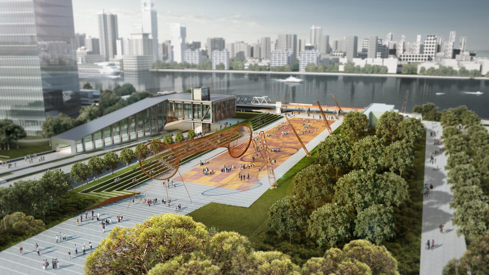 Aerial view of Shanghai's modern urban Waterfront Park in Lujiazui, featuring large, artistic metal structures, open paved areas, and green spaces. The park is adjacent to a waterfront with various people enjoying the space. City skyscrapers and a bridge are visible in the background.