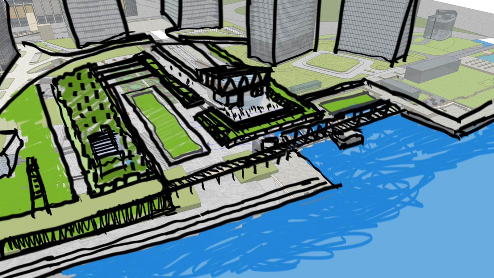 A hand-sketched architectural design depicts a Lujiazui waterfront development with high-rise buildings, green spaces, a promenade, and docks extending into the water. The drawing overlays a 3D model, seamlessly combining detailed sketches with a digital background.