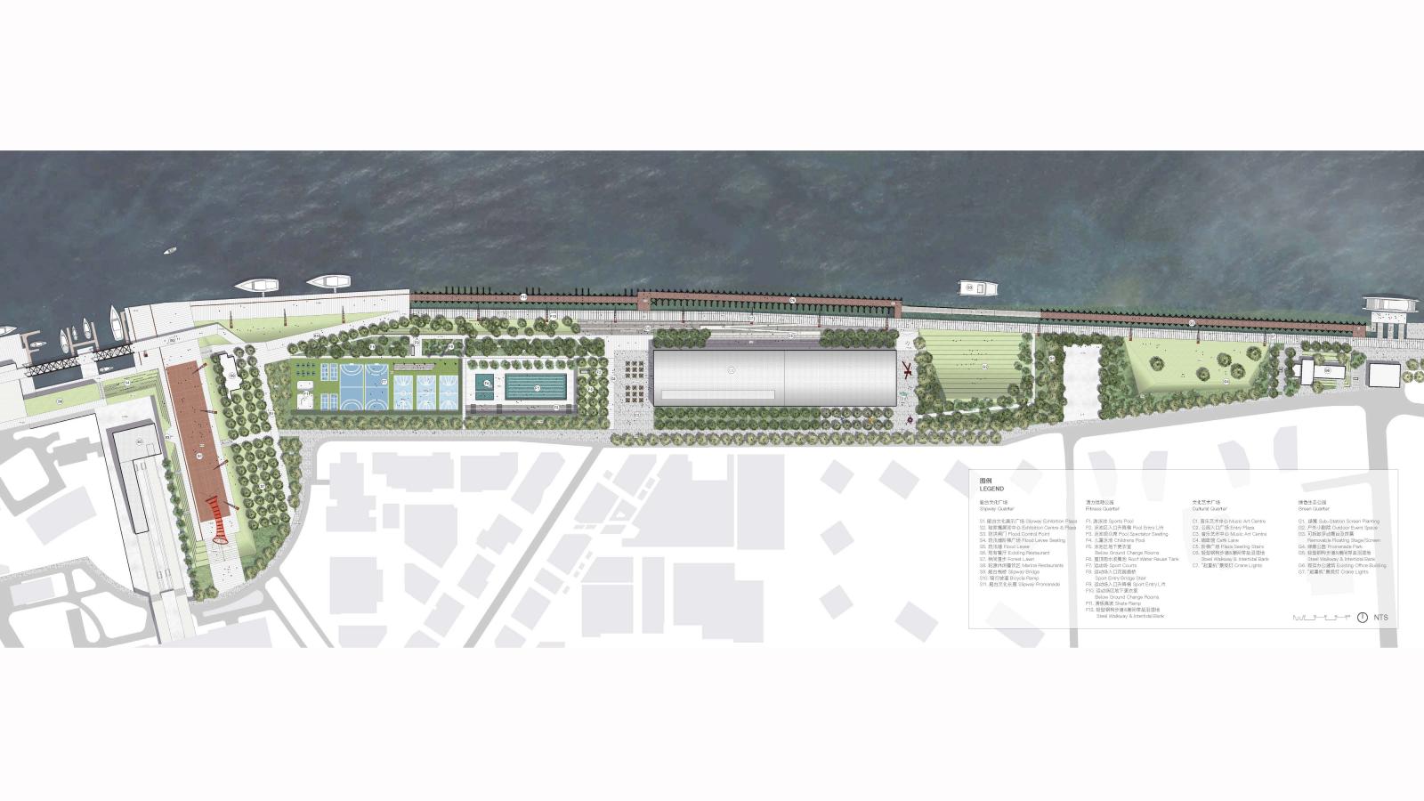 A detailed aerial map of Lujiazui Waterfront Park is depicted. It shows various zones, including playgrounds, sports courts, green spaces, a pool area, and pathways. Boats are docked adjacent to the park. A legend on the right clarifies specific areas of the park.