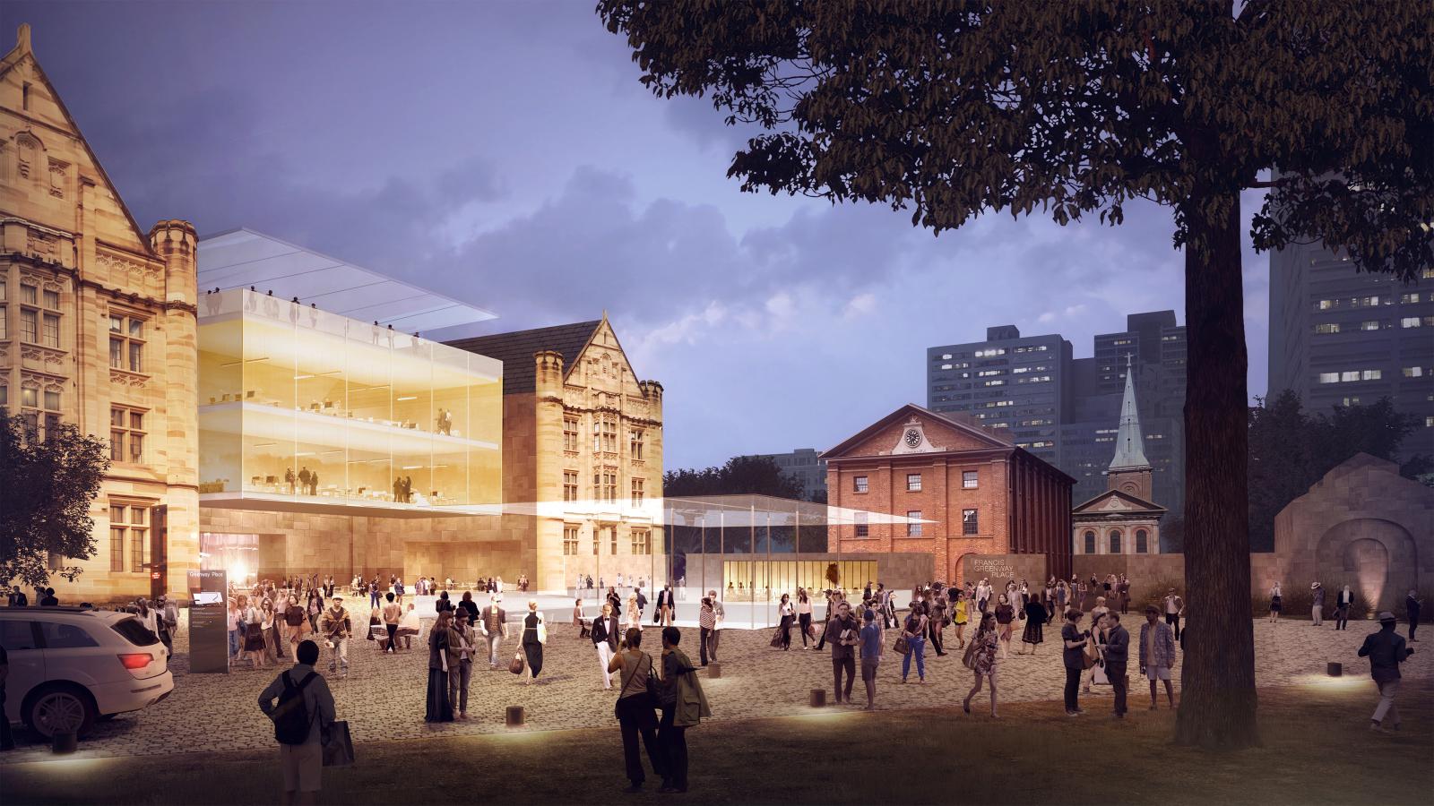 A bustling public square at dusk features a mix of historic and modern architecture. As part of the precinct's revitalisation, people gather near a contemporary glass building adjacent to older brick structures on Macquarie St, while city skyscrapers loom in the background. Tree silhouettes frame the lively scene.