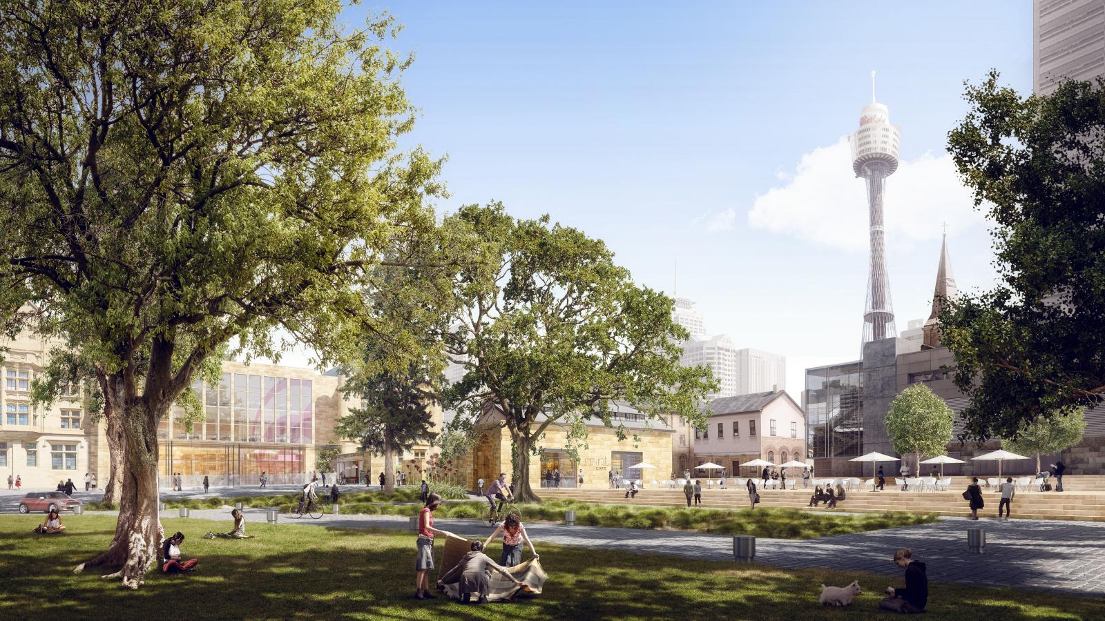 A park scene featuring people relaxing on the grass, some sitting and others lying under the shade of large trees. In the background, there are modern and historic buildings along Macquarie St, including a tall observation tower. The sky is clear with a few clouds, showcasing the precinct revitalisation efforts.