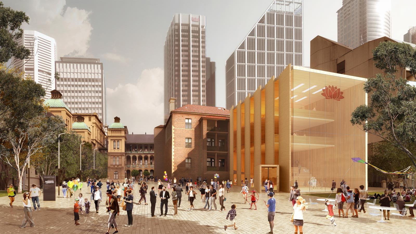 A bustling urban square on Macquarie St with diverse people engaging in various activities, surrounded by modern high-rises and historic buildings. A prominent glass-fronted building on the right displays a red emblem, and several participants fly colorful kites. Trees dot this revitalized precinct.