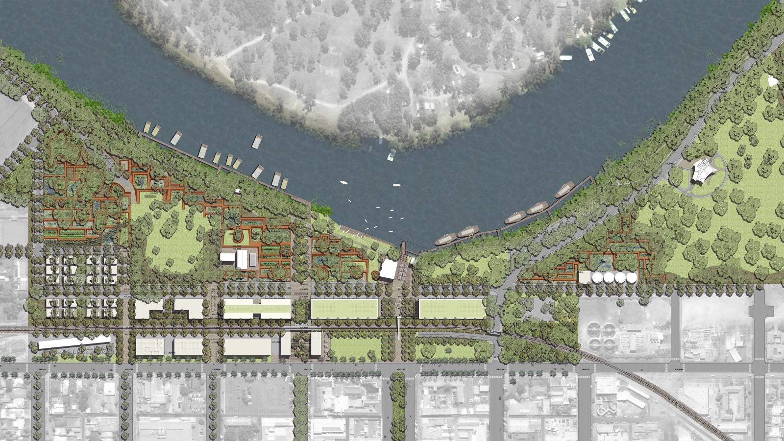 A detailed aerial map illustrating the Mildura Riverfront area. The river flows horizontally across the top, bordered by parks and pathways. Buildings are depicted in the lower half, along a grid of streets lined with trees. Boats are docked along the riverbank.