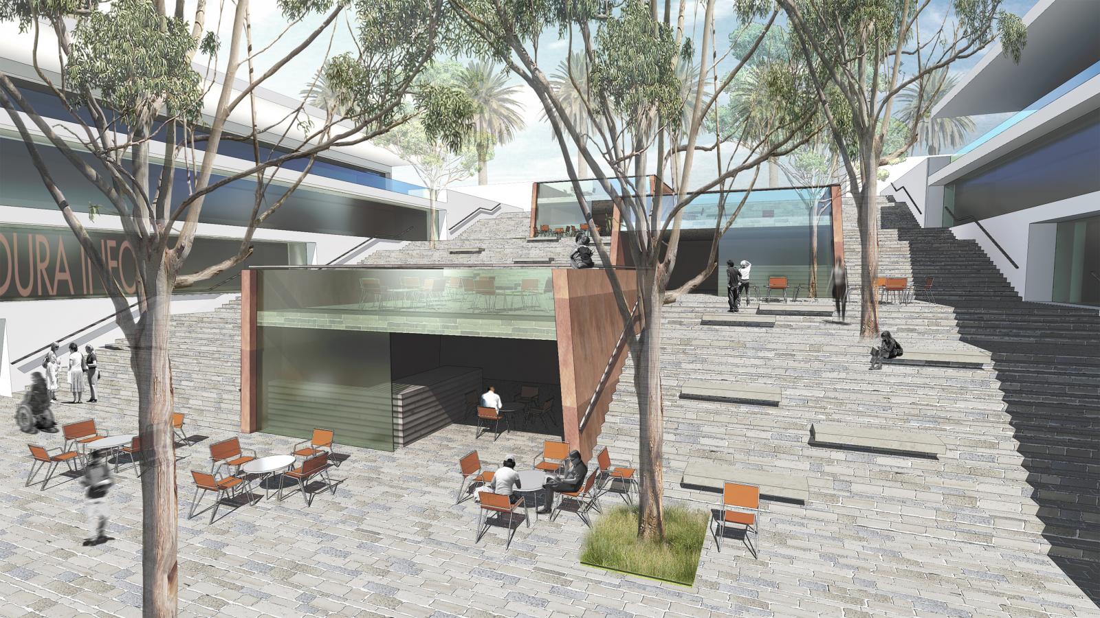 A modern, outdoor public space along the Mildura Riverfront features tiered steps with integrated seating areas, tables, and chairs. Trees provide shade, and people are scattered throughout the space, conversing and relaxing. Contemporary buildings and a glass structure are visible in the background.