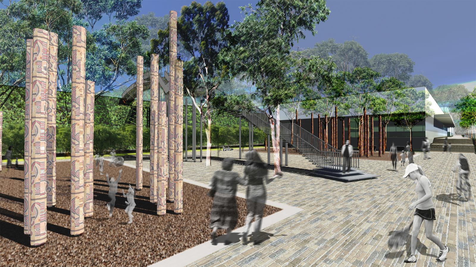 Digital rendering of an outdoor urban space in Mildura featuring tall, patterned columns and surrounded by trees. Pedestrians, including a person with a bike and someone with a dog, are depicted along paved walkways. A glass building, stairs, and seating areas near the riverfront are visible in the background.