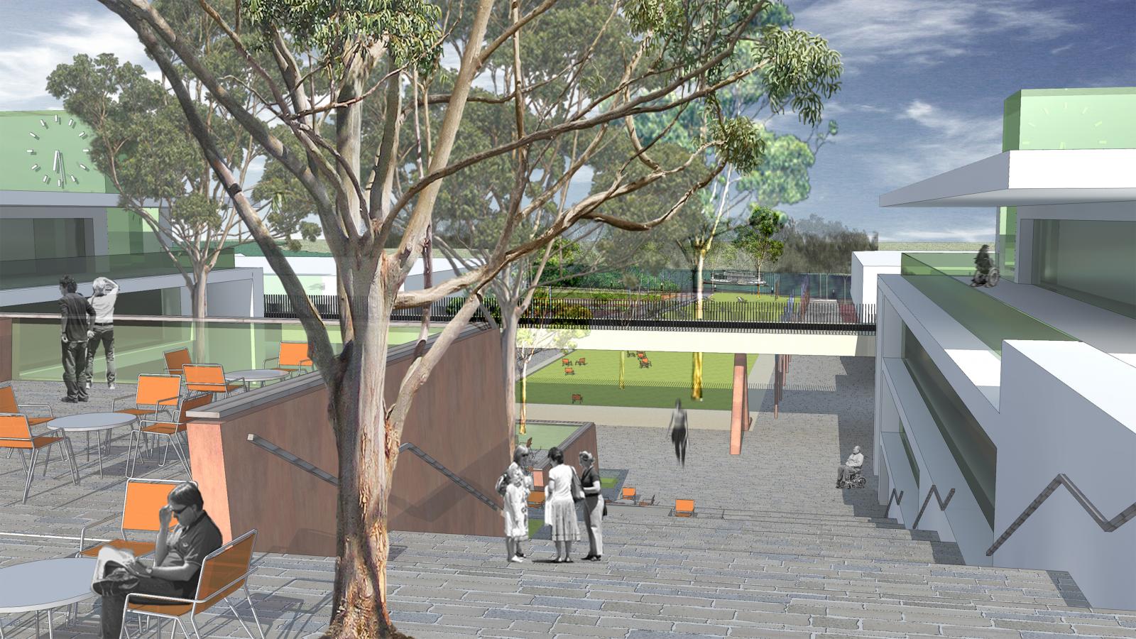 A modern outdoor space along the Mildura Riverfront features steps, trees, and seating areas with orange chairs. People are seen walking, sitting, and interacting in the area. The scene exhibits contemporary architecture with green-accented buildings and a blue sky with scattered clouds.