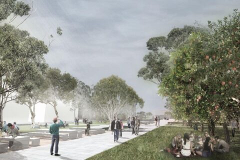 A green park scene in the Central Precinct with people walking, sitting on benches, and gathering on the grass. Pathway lined with trees on either side. Some people are taking photos, while others are relaxing. The sky is overcast with light filtering through the clouds—a true revitalisation of urban space.