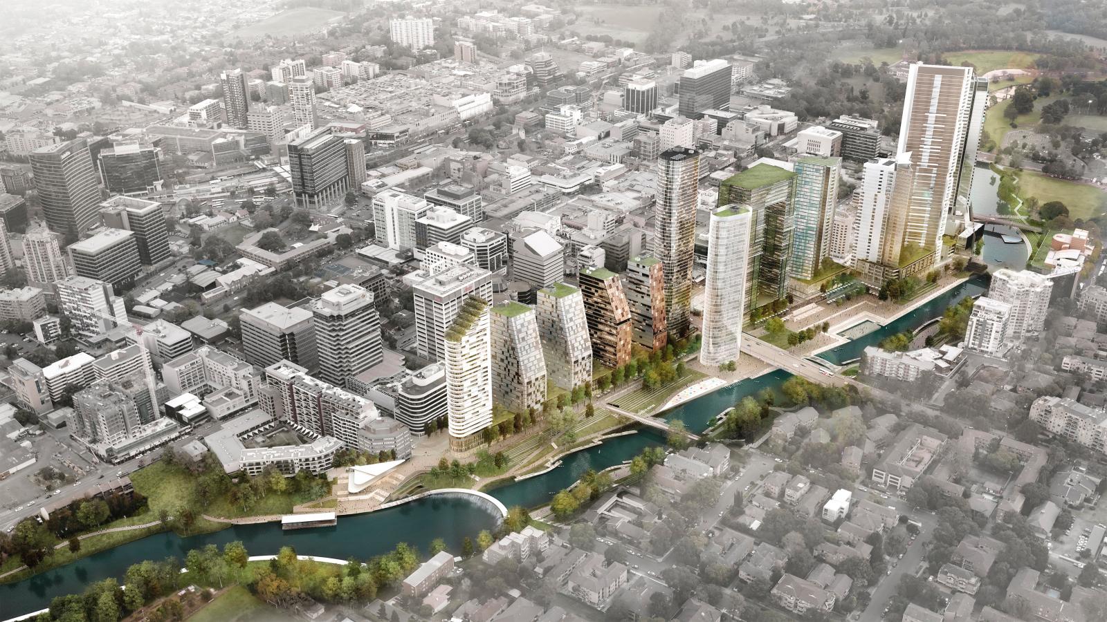 A bird's-eye view of Parramatta reveals a modern urban development with several high-rise buildings lining the waterway. The cityscape features a mix of contemporary architecture with green rooftop terraces, surrounded by a blend of residential and commercial buildings as part of the River Plan.