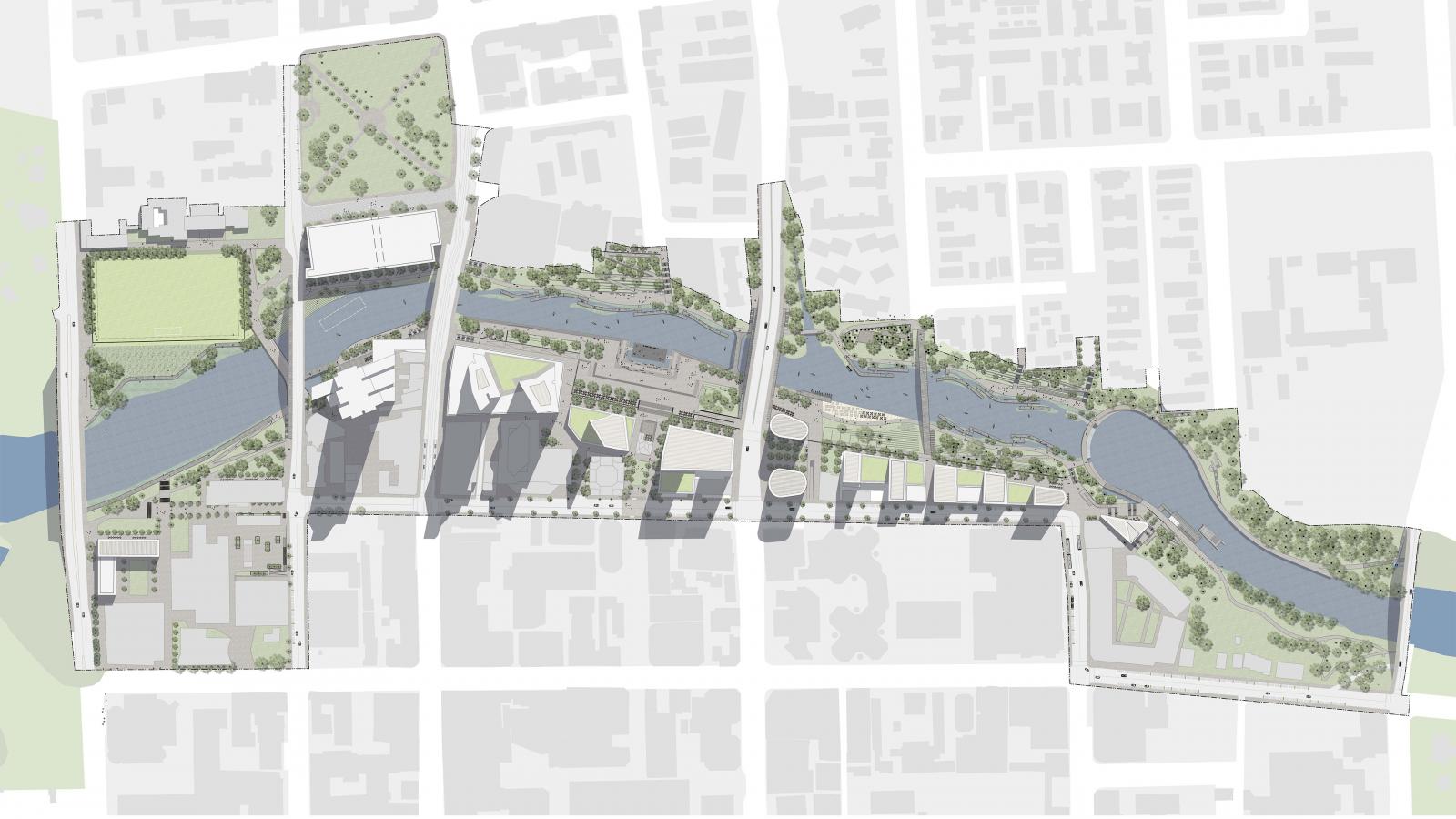 A detailed, top-down architectural rendering of Parramatta reveals an urban area showcasing a river running through several sections of the city. The River Plan illustration includes buildings, green areas, pathways, and bridges connecting different parts of the landscape.