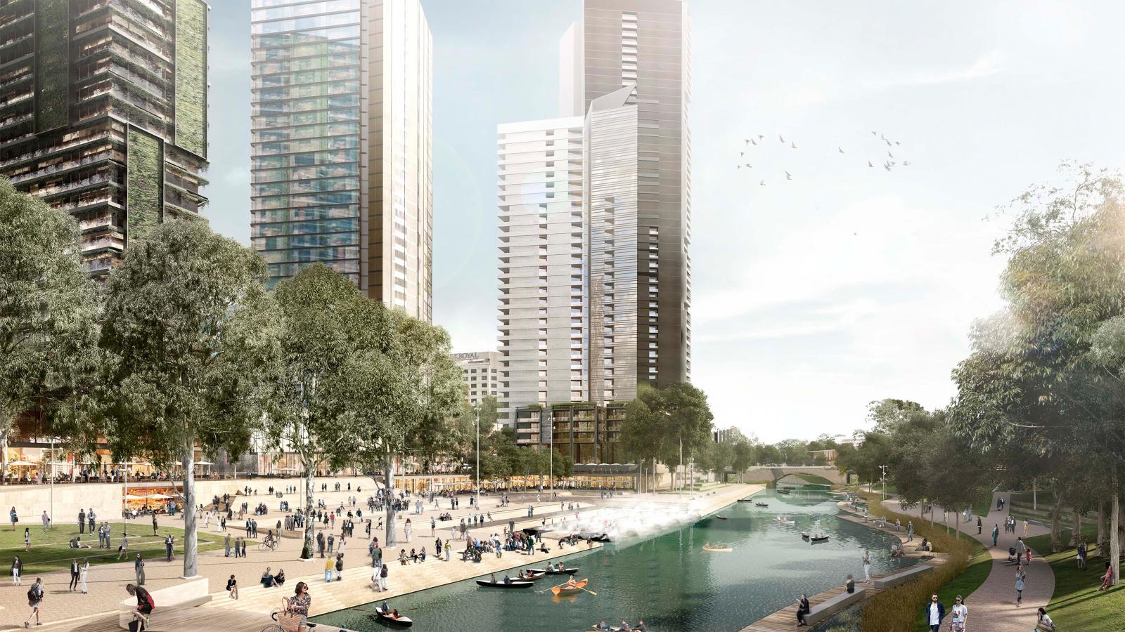 A bustling scene in Parramatta with tall modern skyscrapers and a lively waterfront. People are walking, sitting, and engaging in activities along the waterside promenade. Canoes on the water and green trees add to the vibrant atmosphere, reflecting parts of a River Plan. Birds are flying in the clear sky.