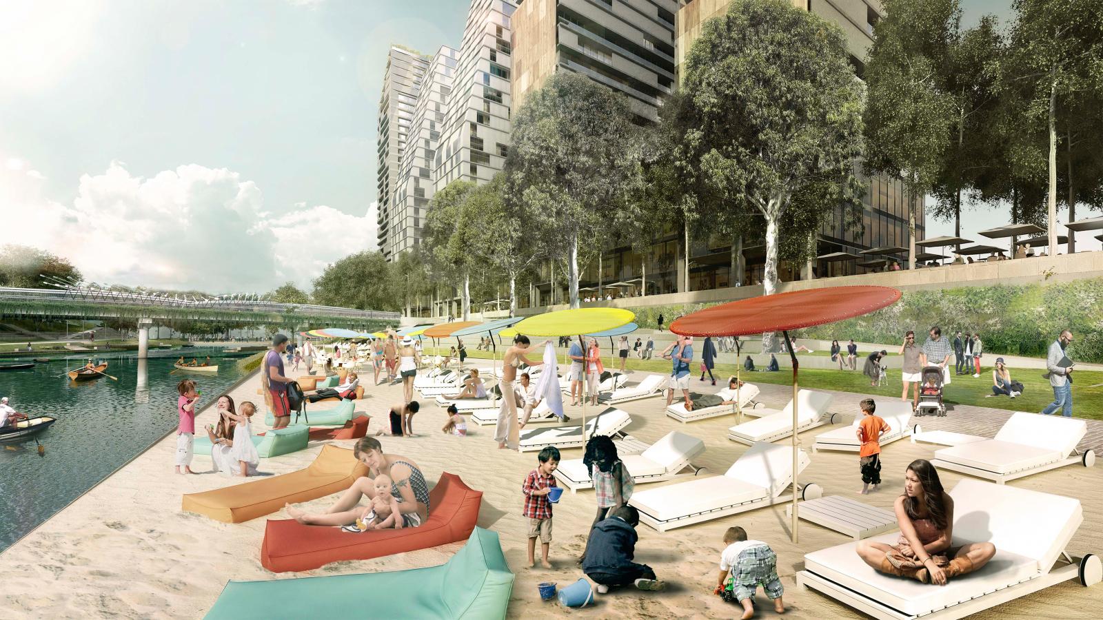 A lively Parramatta riverside beach scene with people relaxing on lounge chairs under colorful umbrellas. Children play in the sand and wade in the water, while kayaks float on the river. Modern high-rise buildings and lush trees form the backdrop, illustrating a vibrant city-life integration of River Plan elements.