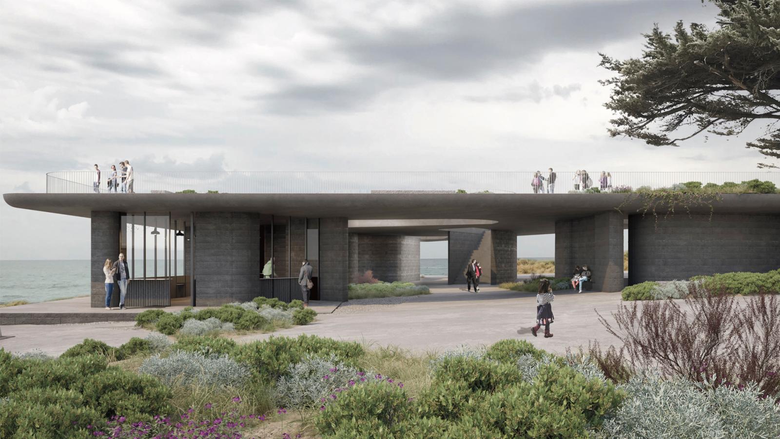 A modern, single-story concrete structure with an open roof terrace, built near the Point Grey coastline. The building is surrounded by greenery and features large glass windows. People are walking and standing around the structure, with the sea visible in the background.