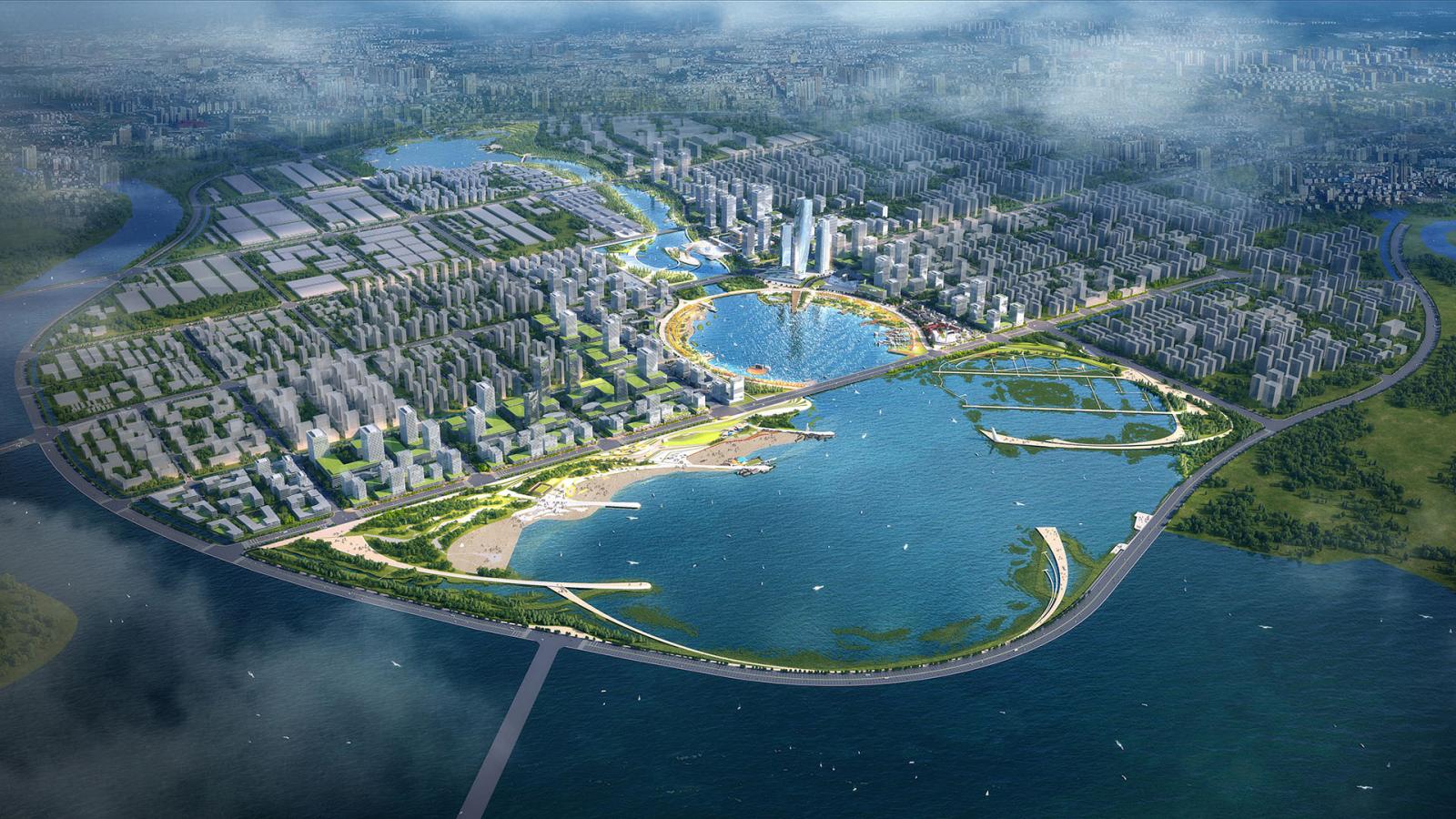 A bird's-eye view of a large, futuristic city with numerous high-rise buildings, green areas, and water bodies. The city, possibly Qingdao, is surrounded by a river and crossed by bridges. At its heart lies Ruyi Lake, complemented by an organized grid layout of streets and parks.