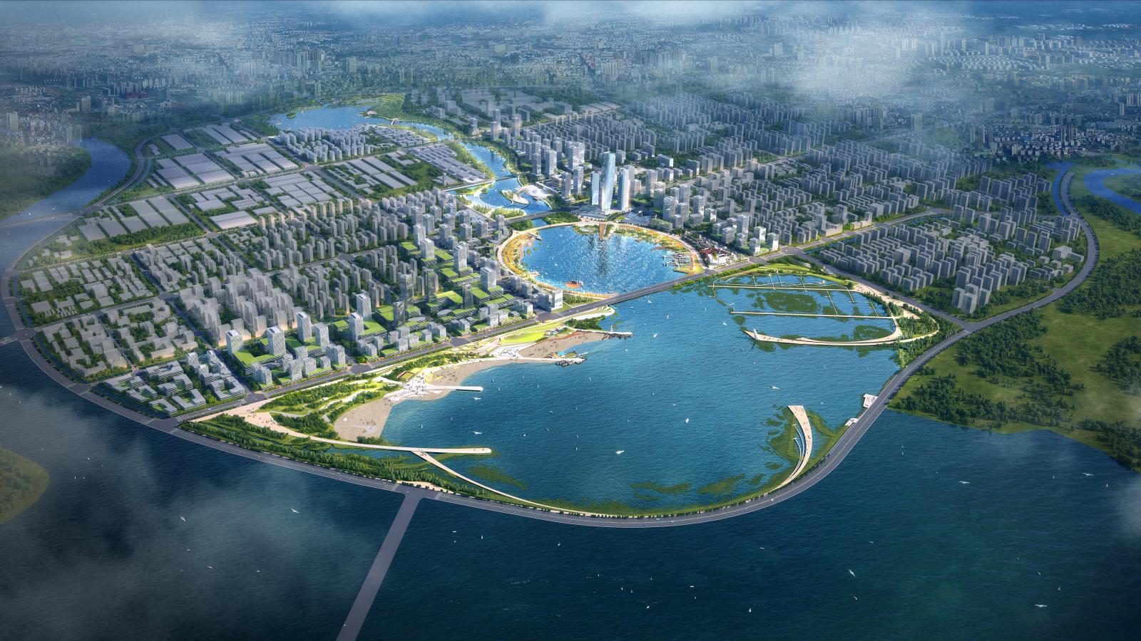 Aerial view of an expansive urban area in Qingdao, surrounded by water. The city features numerous buildings, tall skyscrapers, and lush green spaces. Prominent bodies of water include Ruyi Lake within the city and surrounding rivers with various bridges.