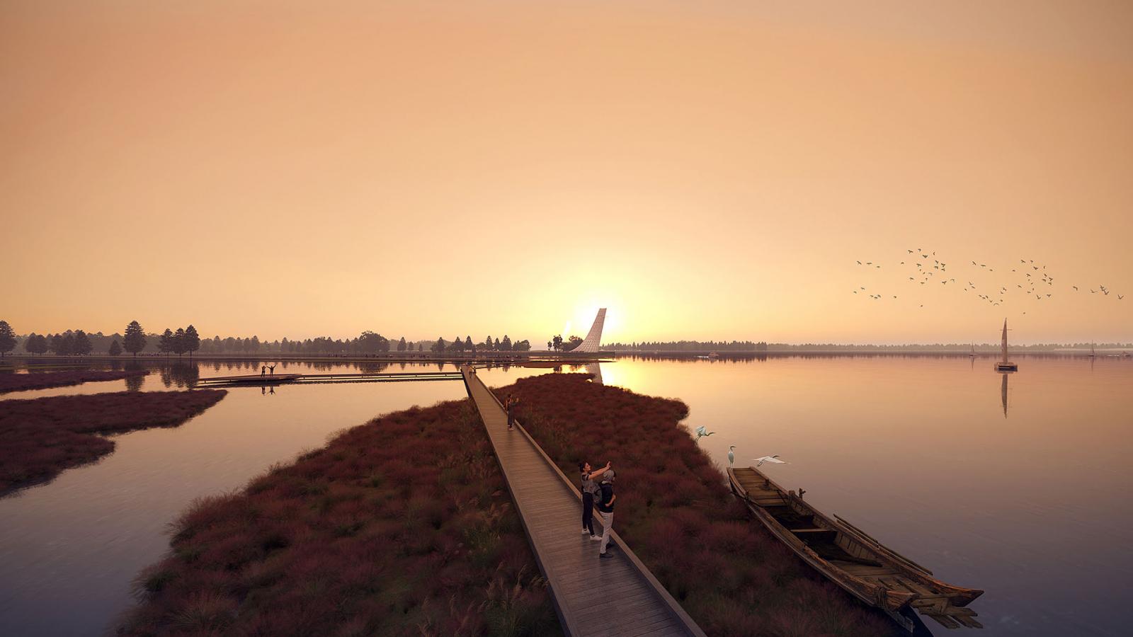 A serene lakeside scene at sunset with a wooden boardwalk extending over Ruyi Lake in Qingdao. People stand on the boardwalk while two boats are docked nearby. Birds fly across the sky, and the warm light of the setting sun reflects off the calm water’s surface, as if undisturbed by any competition.