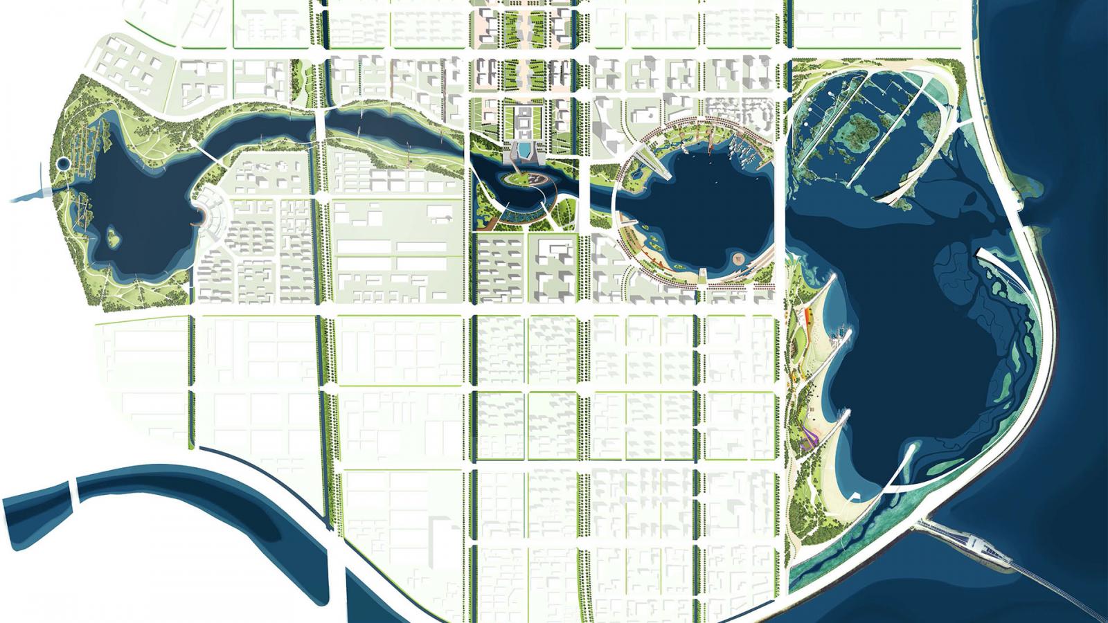 A detailed, colorful map illustrates an urban waterfront area featuring green spaces, roadways, Ruyi Lake, and various buildings. Qingdao's map showcases a blend of natural and constructed environments, with bodies of water prominently visible in circular and curved shapes.