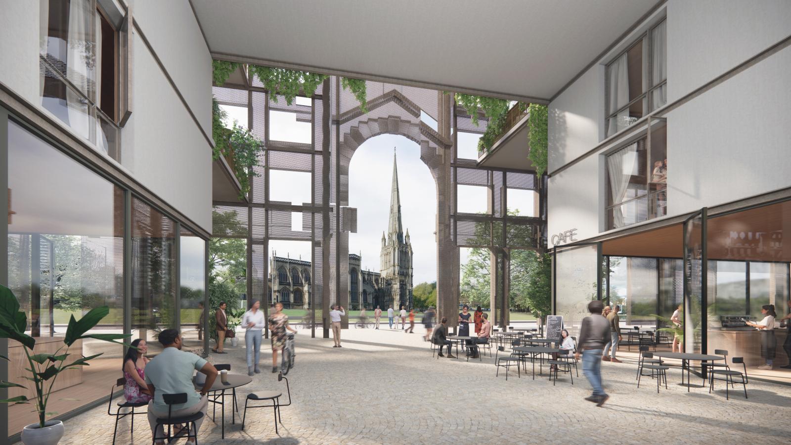 An open atrium with a high, arching entrance provides a view of Redcliffe's Gothic-style church spire in the distance. Several people are seated at tables, some conversing, while others stroll through. Glass walls and modern architecture complement the greenery hanging from the upper levels near Portwall Lane Car Park.