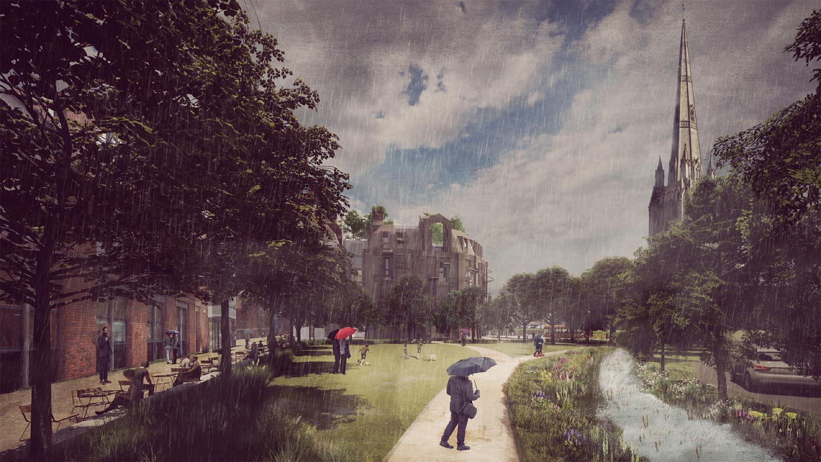 A park scene on a rainy day near Redcliffe features individuals walking with umbrellas. A stream runs alongside a path, with trees and grassy areas. A tall, pointed church steeple is visible in the background, and modern buildings with greenery are on the left by the Portwall Lane Car Park.