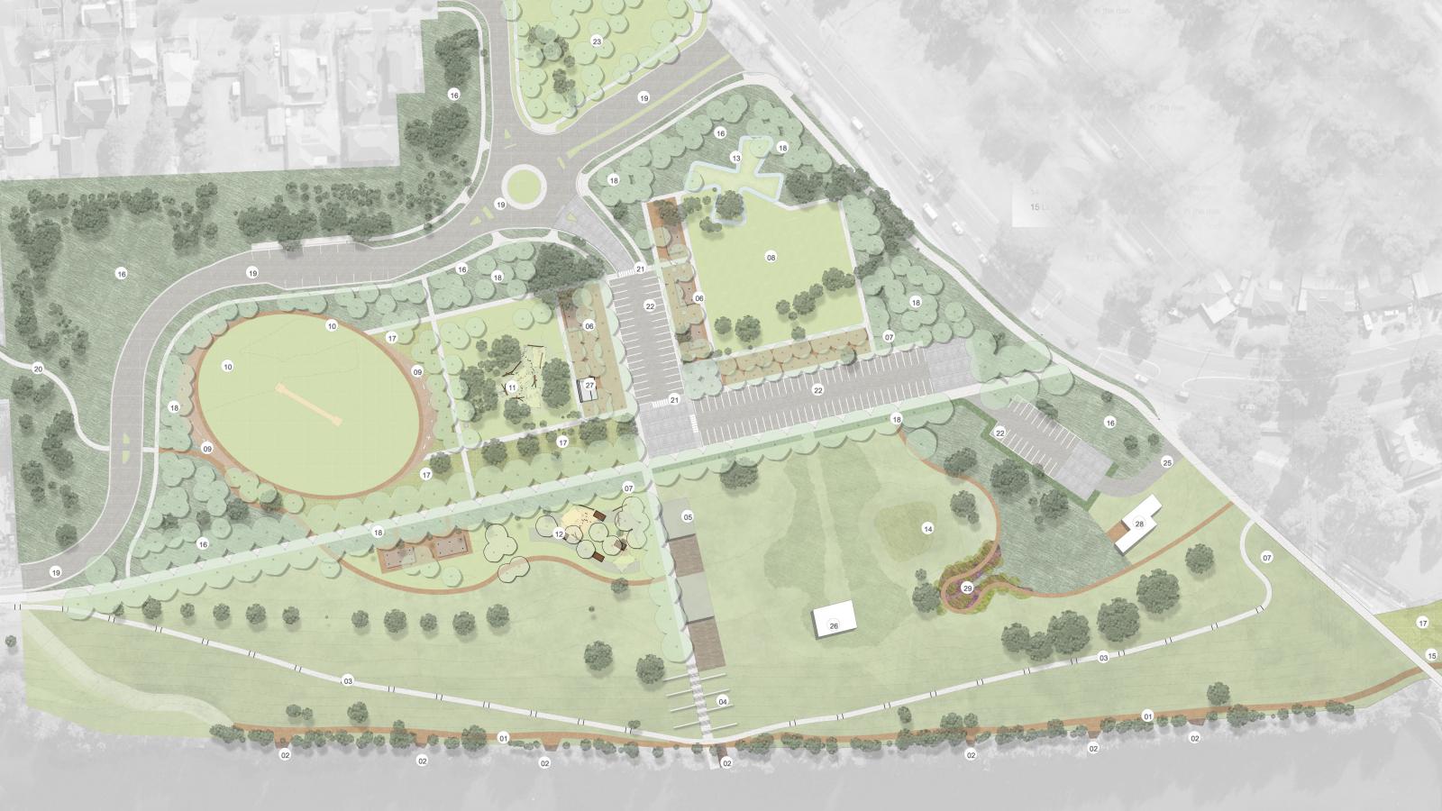 An aerial view of Regatta Park's layout reveals a baseball field, multiple walking paths, various shaded areas with trees, a playground, parking lots, picnic areas, and open grassy spaces. The design includes several entry/exit points and roadways surrounding the park precinct.