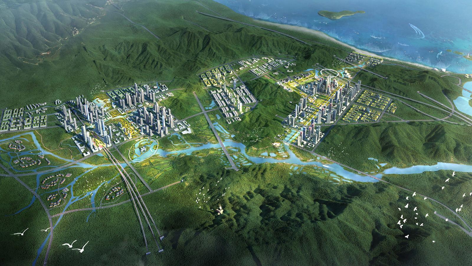 A detailed aerial view of Shenshan BioCity, an extensive, futuristic biohub integrated with lush greenery. Skyscrapers and residential buildings are dispersed among verdant hills, connected by roads, bridges, and waterways. The city is bordered by mountains and a body of water.