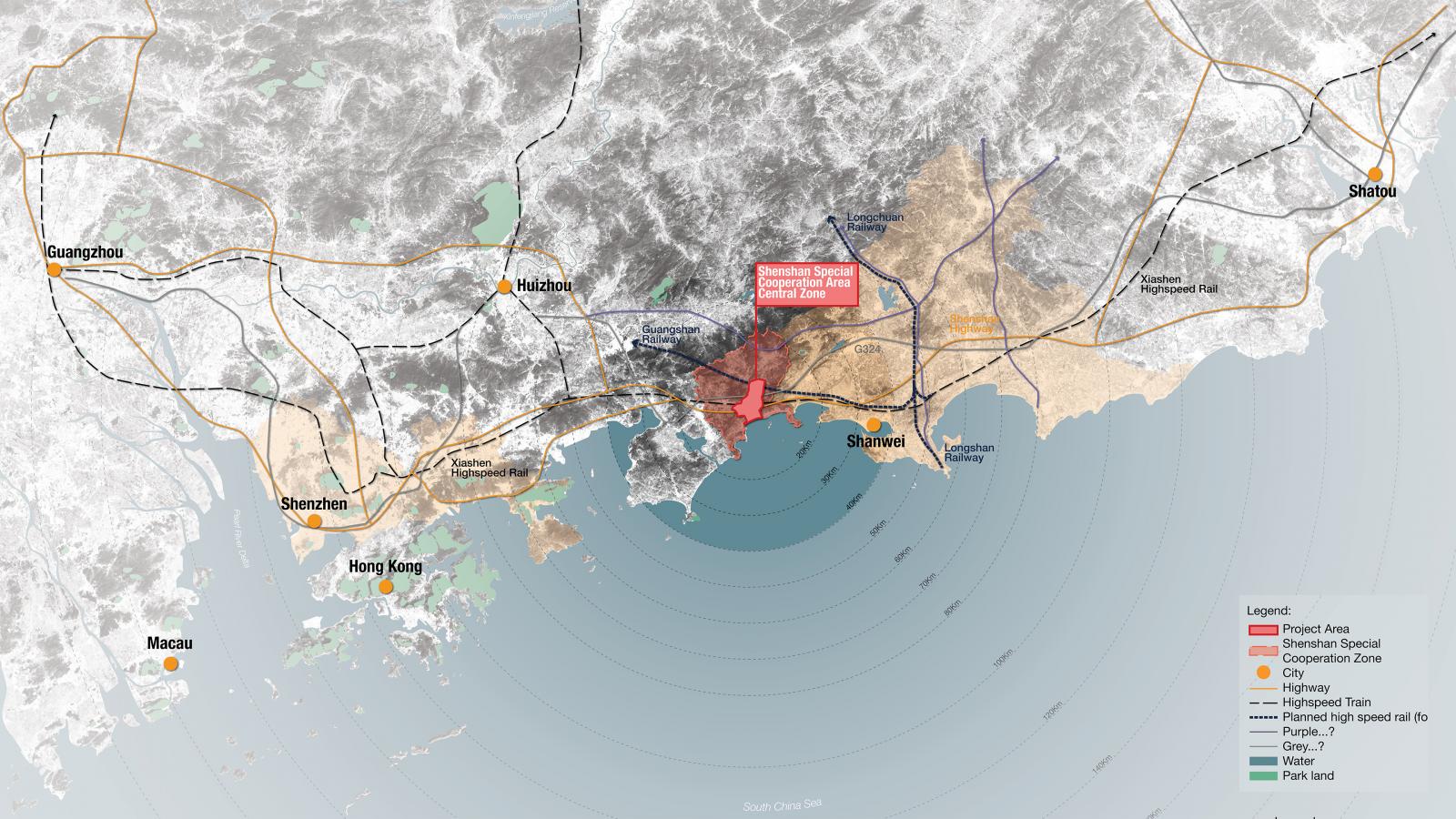 A detailed map showcases the cities and infrastructure around the Shenzhen Special Economic Zone in China, including the innovative Shenshan BioCity. It highlights highways, high-speed railways, and ports in areas like Hong Kong, Macau, and Guangzhou, with a legend indicating different zones and facilities.