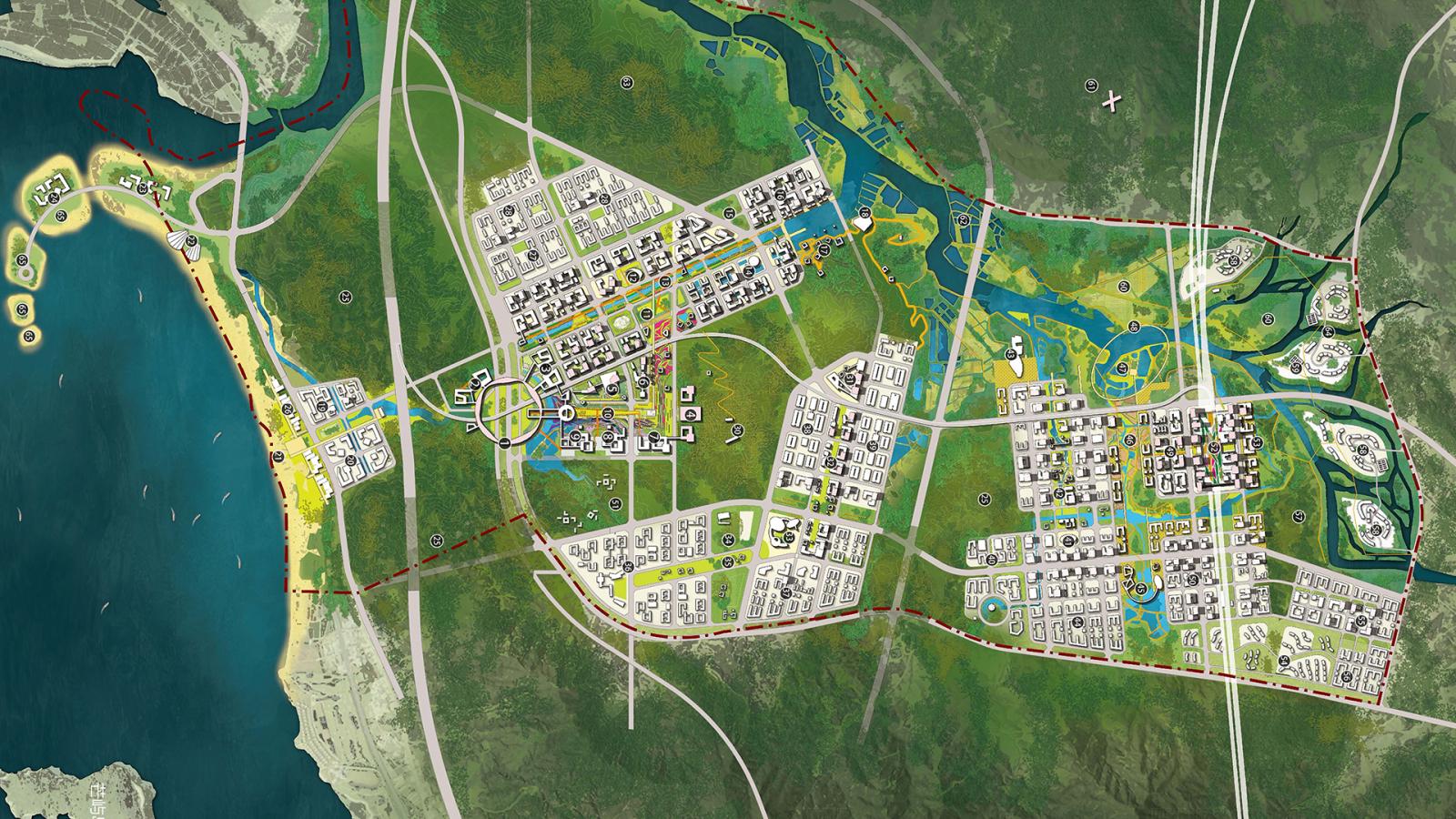 A detailed map of the BioCity urban development plan highlights various residential and commercial buildings, parks, and green spaces. Major roads and highways are outlined, with a coastline on the left and a river meandering near the center. An airport is visible in the upper right of Shenshan.