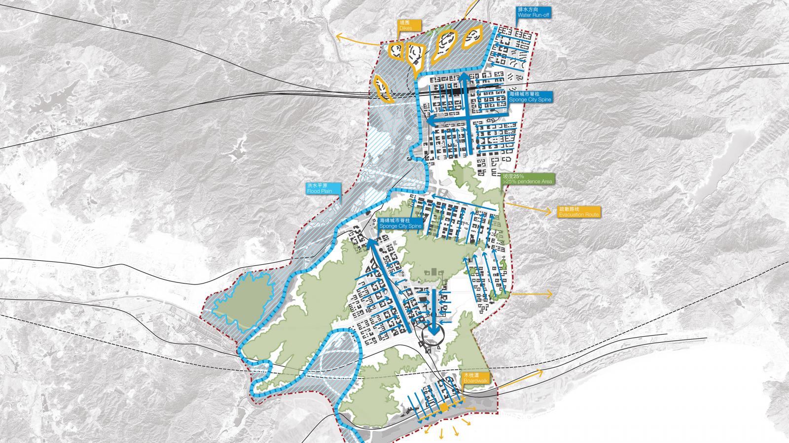 A detailed map outlines an urban planning area with different zones marked in various colors. Key features include residential areas, greenery, roads, and waterways. Labels indicate specific sectors of Shenshan BioCity. Overlaid lines represent transit routes and boundaries.