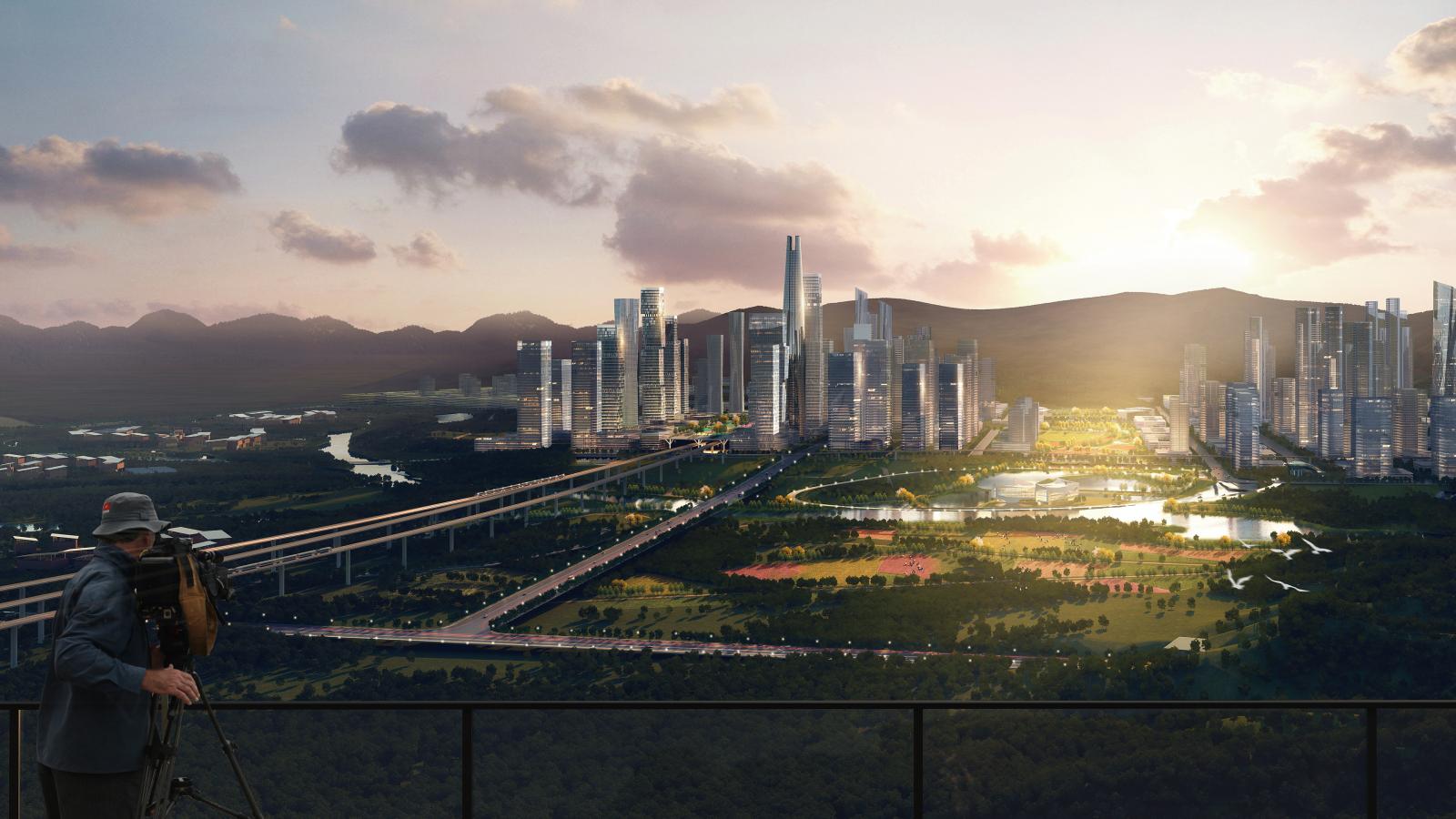 A person taking a photograph of a futuristic cityscape at sunset. The skyline of Shenshan is filled with tall buildings and intertwined highways, surrounded by lush greenery, rivers, and distant mountains under a partly cloudy sky, embodying the essence of BioCity.