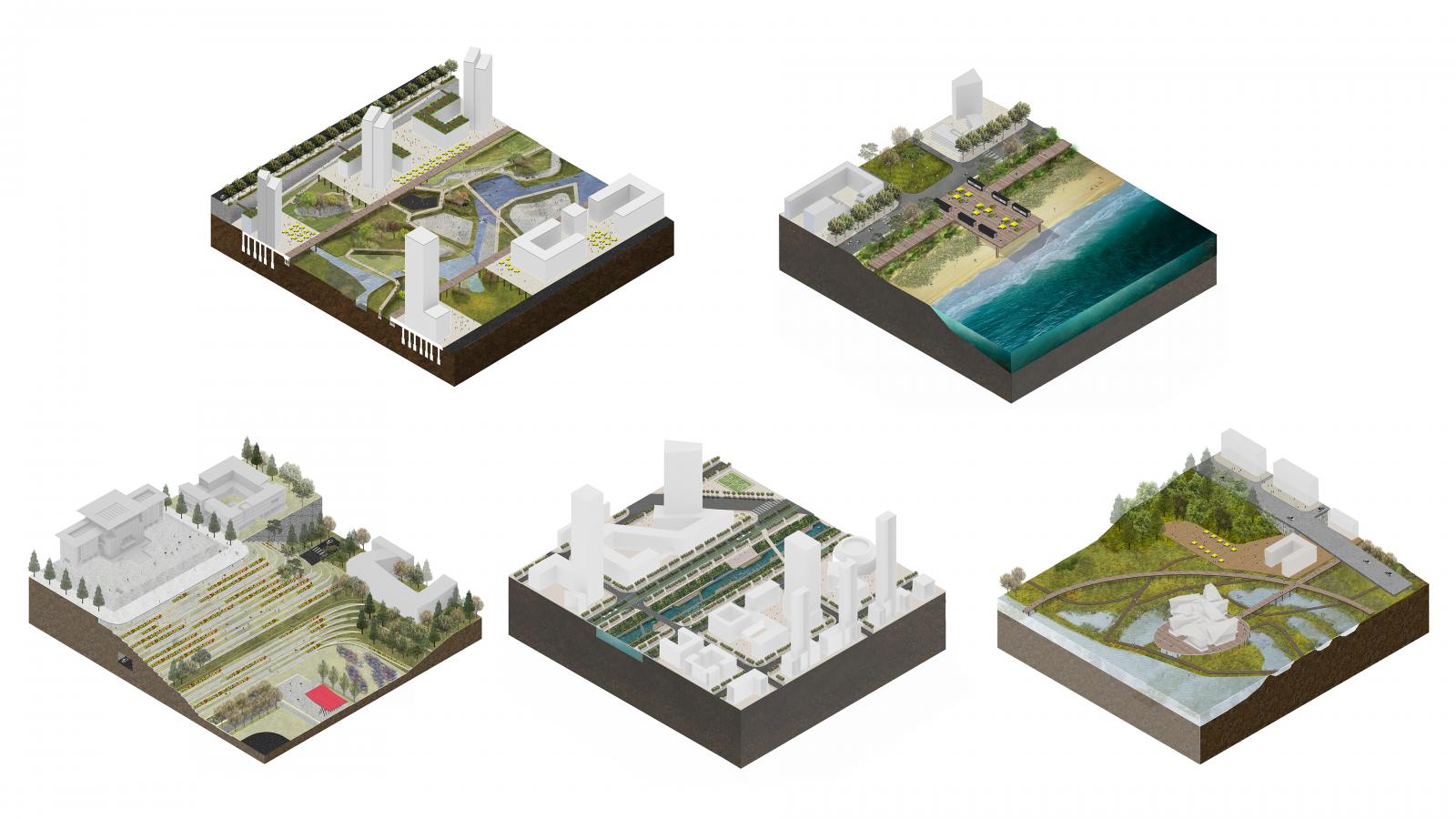 Five architectural models showcasing different urban designs. Each model highlights various elements such as buildings, greenery, water features, roads, and artistic layouts. The bottom right model includes a body of water and surrounding pathways inspired by BioCity concepts integrating biotechnology innovations.