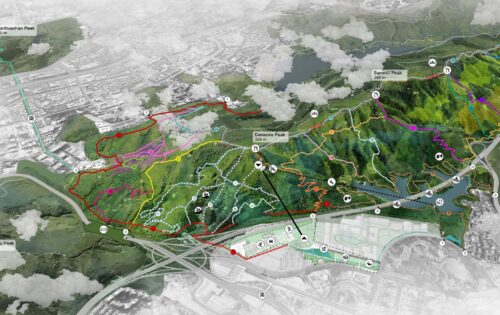 A detailed map illustrates a mountainous region near Shenzhen with several hiking trails and peaks marked, including Devil's Peak, Summit Peak, Lin Faushan Peak, and Danaoke Mountain. Various trails are color-coded, and surrounding roads, buildings, and vegetation are also highlighted.