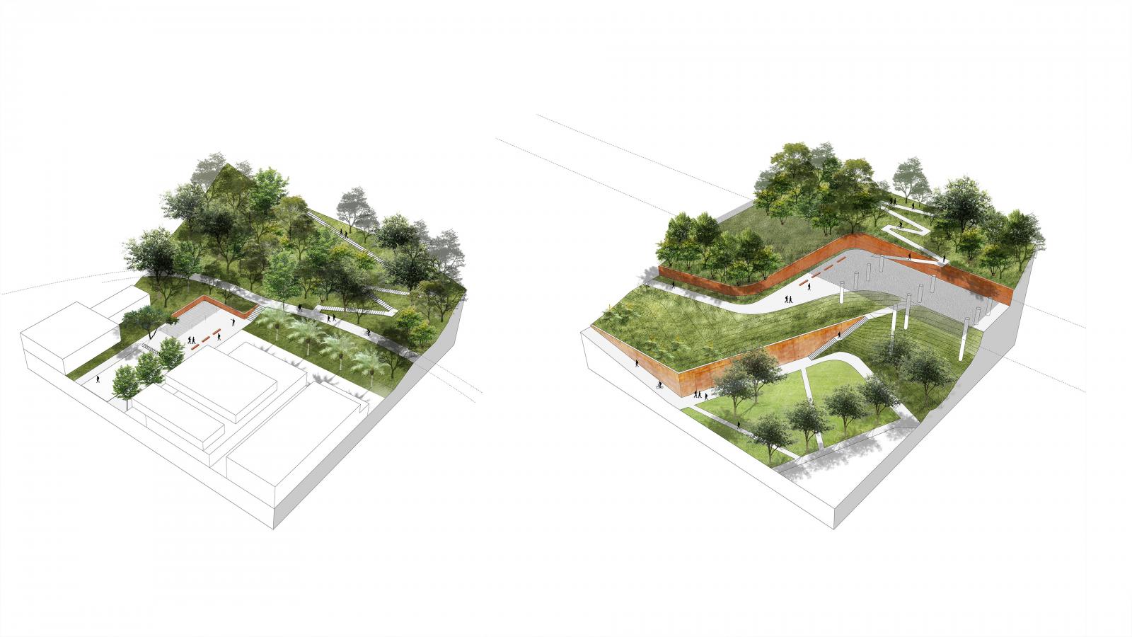 Two isometric architectural renderings showcase buildings integrated into the lush, green landscape of Danaoke Mountain near Shenzhen. Paths wind through trees and grassy areas. The buildings have angular, modern designs with flat rooftops that blend seamlessly with the environment.