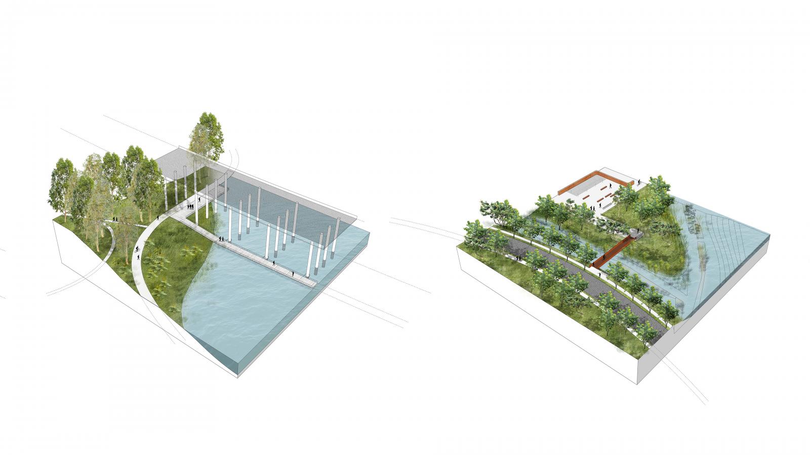 Two architectural renderings showcase a landscape design. The left image features a pool with surrounding greenery and a pavilion, set against the backdrop of Danaoke Mountain. The right image displays a garden with pathways, a bridge over a pond, and a building seamlessly integrated into the natural setting of Shenzhen.