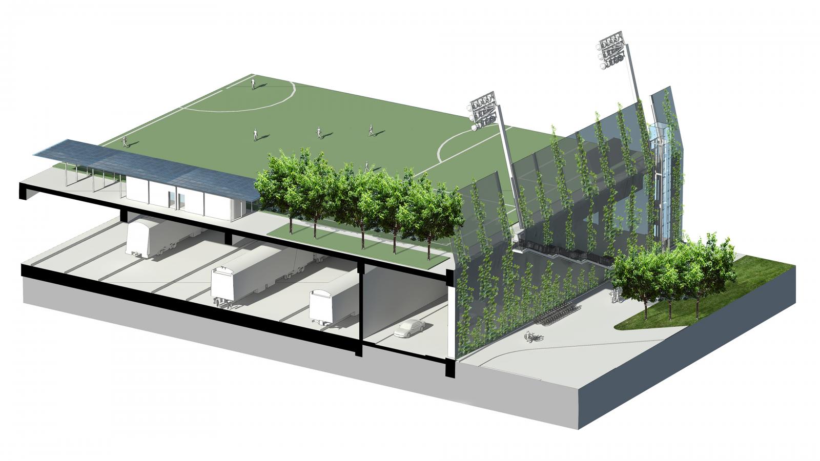 A cross-sectional diagram of an outdoor sports complex in Shenzhen featuring a soccer field on the top level, multiple trees, and floodlights. Beneath the field, there's a lower level showcasing parking spaces and locker rooms. The area is surrounded by greenery with Danaoke Mountain in the backdrop and ample lighting.