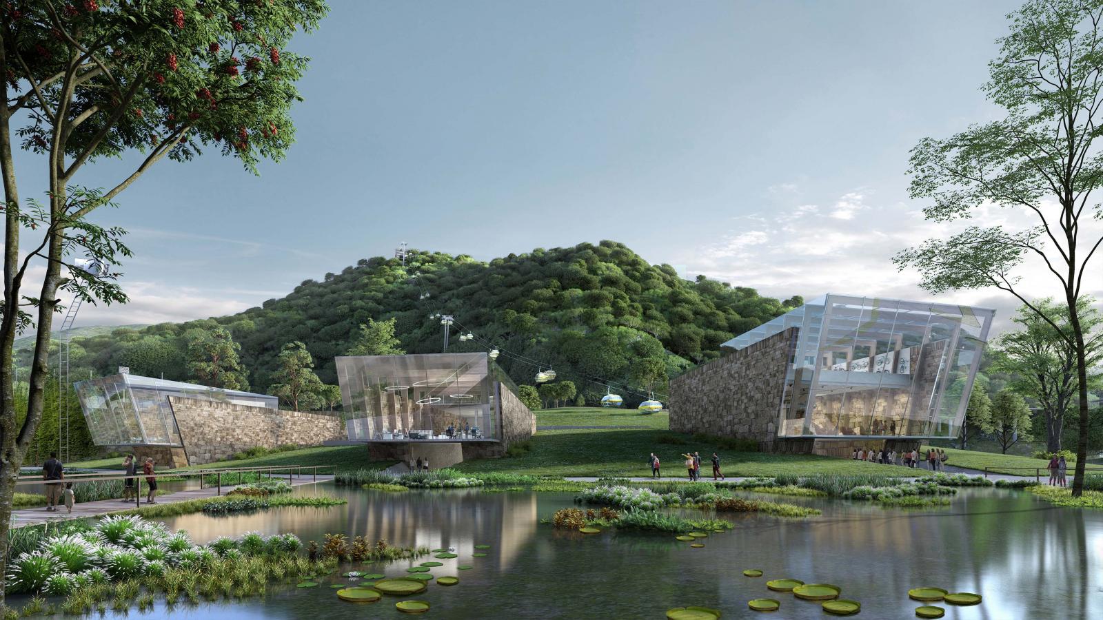 Set against the lush, green slopes of Danaoke Mountain, this modern architectural complex in Shenzhen features three angled buildings with glass and stone facades. In front of the buildings, a serene pond adorned with lily pads complements the surrounding greenery as people stroll through the landscaped area.