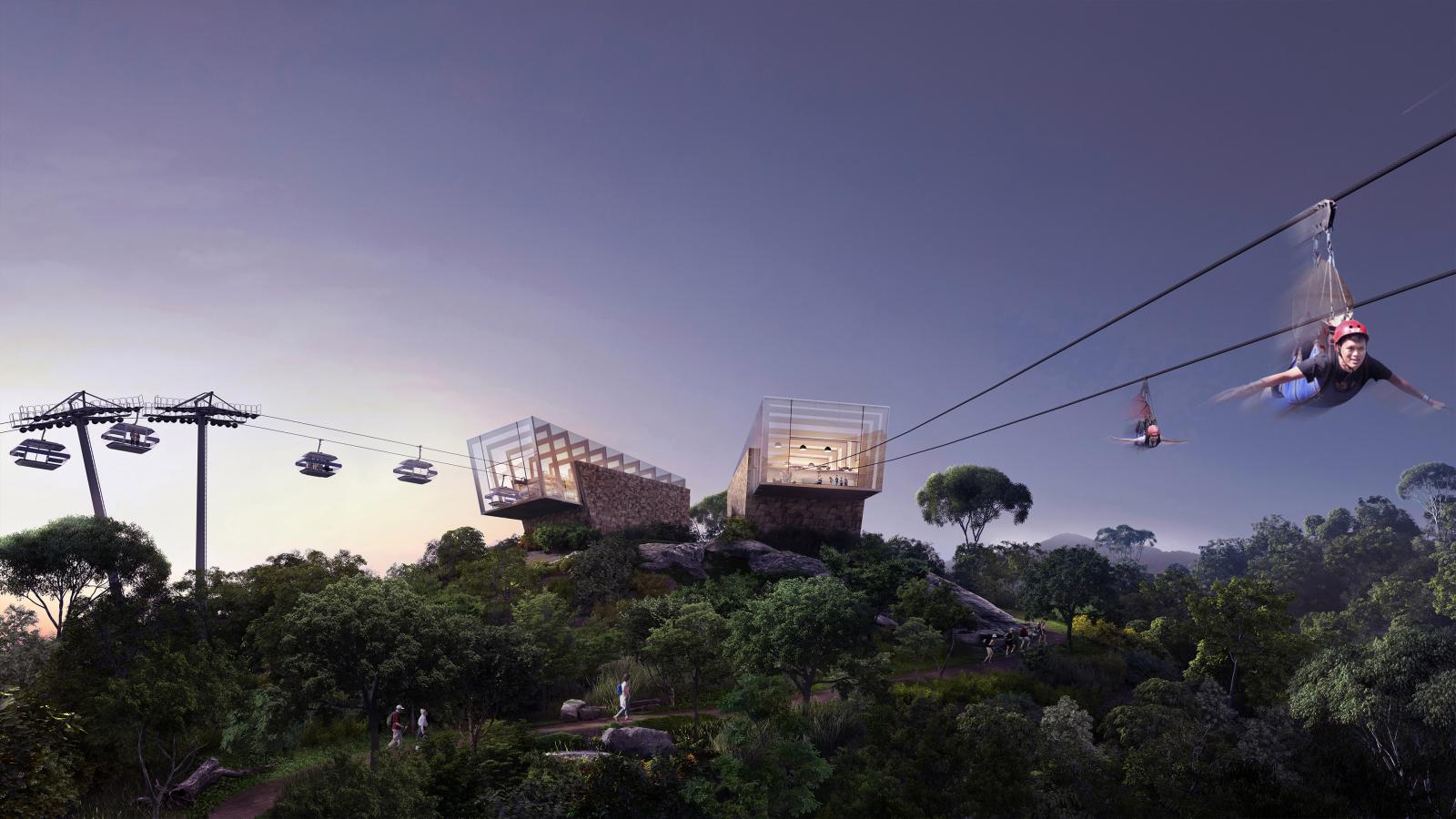 A scenic view at dusk shows the lush, green forest of Danaoke Mountain. A modern zipline runs across the sky, with individuals suspended and gliding through the air. In the background, two contemporary glass buildings grace a hill in Shenzhen, alongside a gondola lift line with people riding.