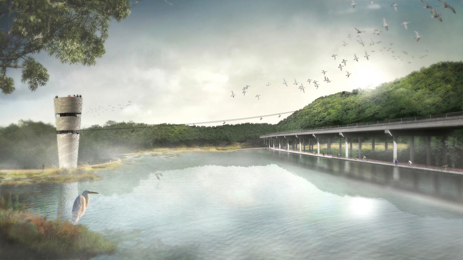 A tranquil scene featuring a misty river with a pedestrian bridge and birdwatching tower on the left, nestled near Danaoke Mountain. The bridge connects a lush, tree-covered hill on the right. Birds are flying above the river, and a heron stands in the foreground near the riverbank.