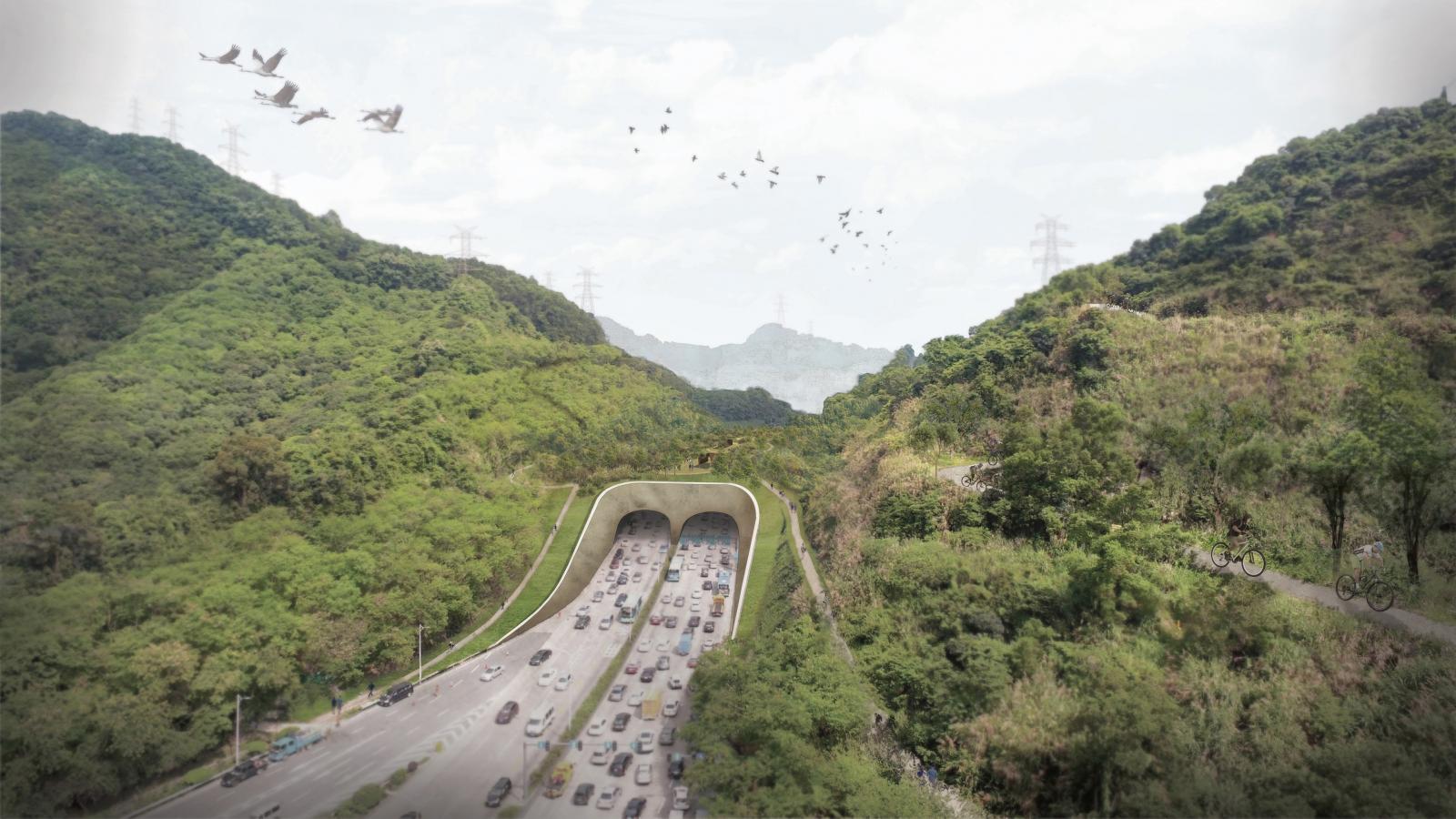 A busy highway runs through two tunnel entrances surrounded by the lush green hills of Danaoke Mountain. Birds are flying above the hills, and to the right, a cyclist travels along a scenic path. The sky is partly cloudy, creating a serene backdrop to the bustling traffic below in Shenzhen.