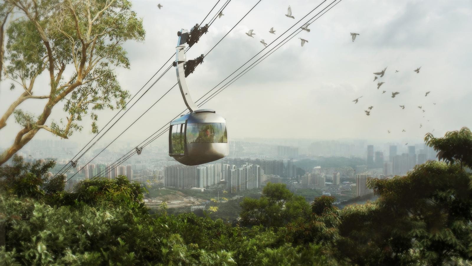 A scenic view shows a modern cable car gliding above lush green trees, with several birds flying nearby. In the background, the bustling city of Shenzhen and its numerous high-rise buildings emerge under a cloudy sky, framed by a distant mountain range.