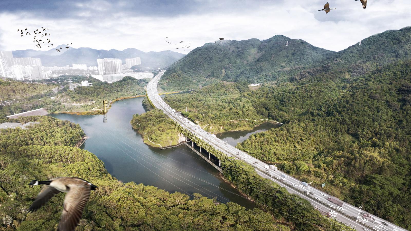 An aerial view of a large bridge spanning over a lush green valley with a winding river below. The landscape includes dense forested hills and the distant Danaoke Mountain under a partly cloudy sky. A flock of birds is seen flying, with one bird prominently in the foreground, near Shenzhen's outskirts.