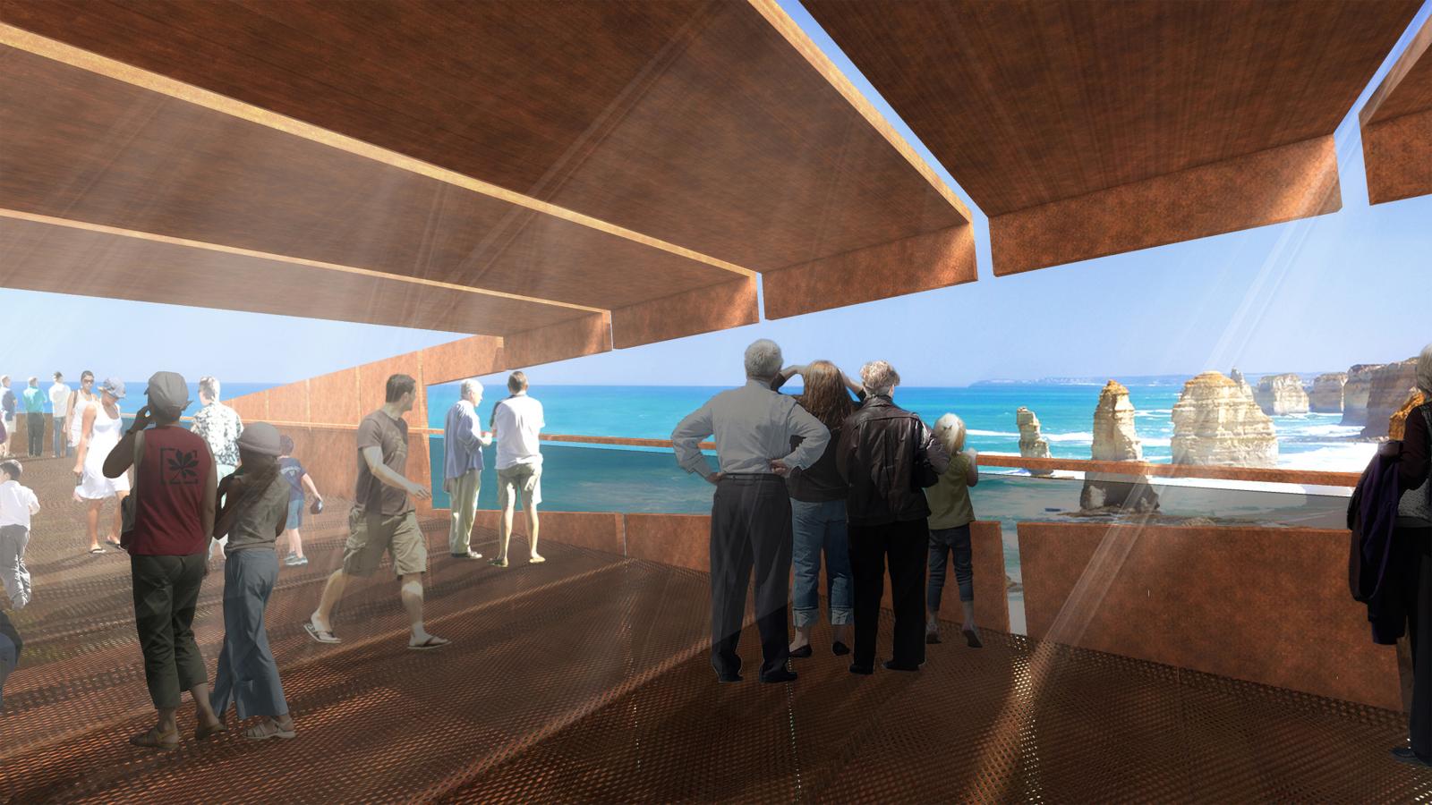 A group of people stands on a large viewing platform overlooking the Shipwreck Coast, observing rock formations and the ocean below on a sunny day. The platform has a modern, open structure with wooden beams and railings, part of the master plan to enhance visitor experience with uninterrupted scenic views.