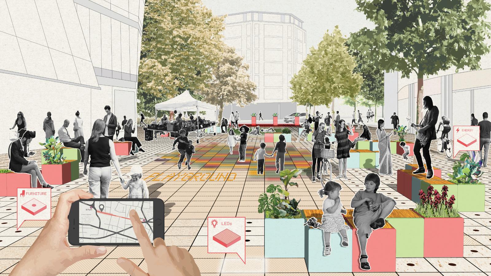 A bustling urban square is filled with people engaging in various activities. Some are seated on colorful blocks, others are walking or standing. Trees provide shade, and a person in the foreground holds a smartphone displaying a map. Several plants decorate the area, complementing the innovative smart carpet pathways.