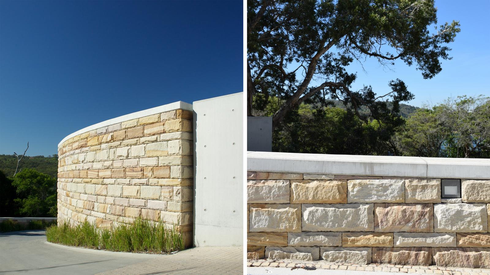 A divided image showing two different stone walls. The left side features a curved wall made of stacked irregular stone blocks under a clear blue sky, reminiscent of Spring Cove's charm. The right side shows a straight stone wall with similar blocks, adjacent to a tree and greenery in the background, much like you’d find around Manly.