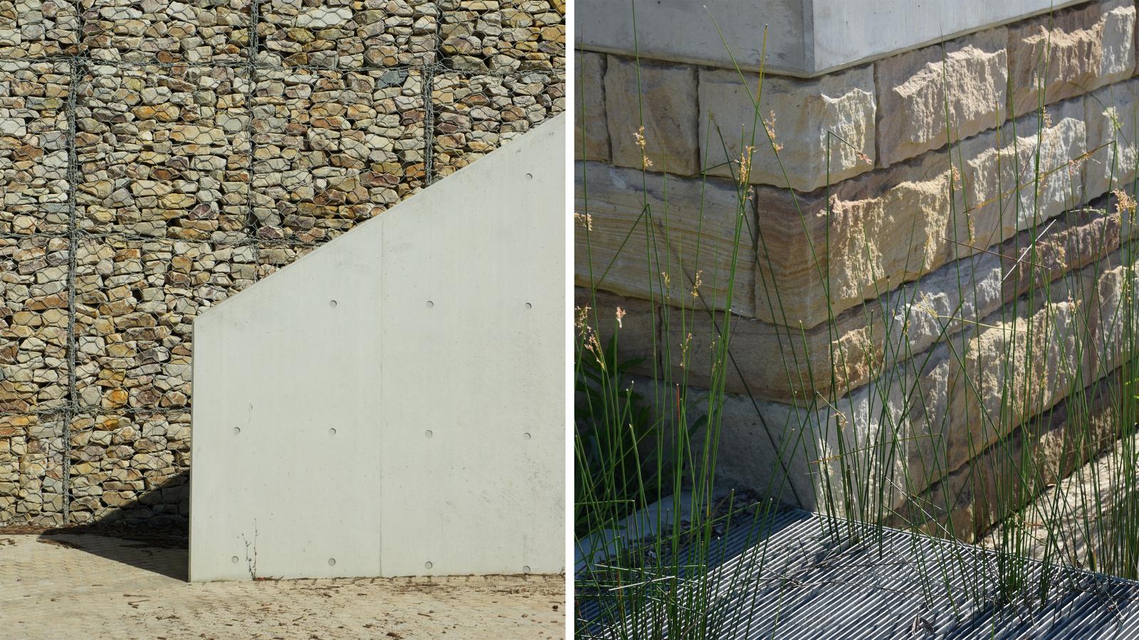 A split image shows two types of outdoor walls. The left side displays a modern gabion wall made of stones within a wire framework, alongside a sloped concrete structure in Spring Cove. The right side features a traditional stone retaining wall with grass growing near its base, reminiscent of Manly's coastal charm.