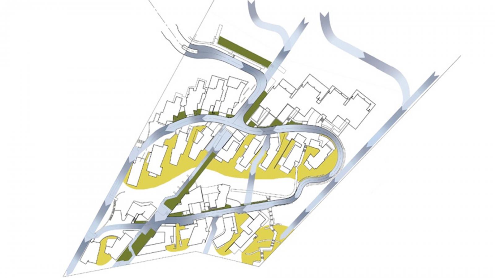 A diagram of the architectural site plan for Spring Cove in Manly displays a residential layout with multiple buildings, curving roads, designated green spaces, and pathways. Blue lines appear to represent water features or boundaries, while yellow areas denote open spaces or parks.