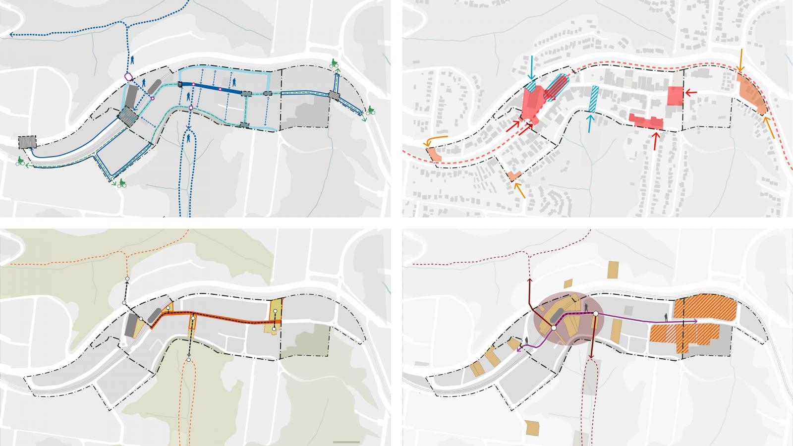 A composite image features four maps depicting Springwood Town Centre’s urban planning and development proposals. Each map illustrates different aspects of the masterplan, including proposed roads, pathways, green spaces, zoning changes, and infrastructure development indicated by various colored lines and shaded areas.