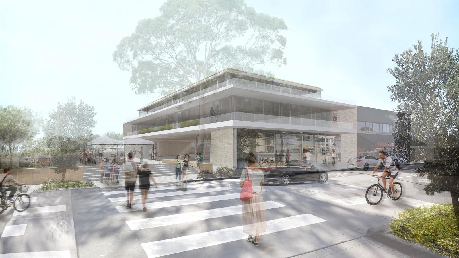 A modern three-story building with large glass windows is depicted. People are walking and biking in the foreground across a pedestrian crossing, while a few cars pass by. Trees and greenery surround the structure, reflecting the Springwood Town Centre masterplan's vision of an urban yet green setting.